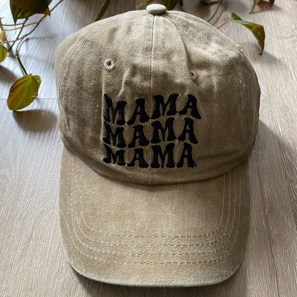 MAMA Embroidered Baseball Hat Khaki Tan Distressed Vintage Adjustable Casual - Picture 2 of 4